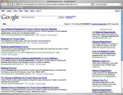 Google Results for Science Experiments