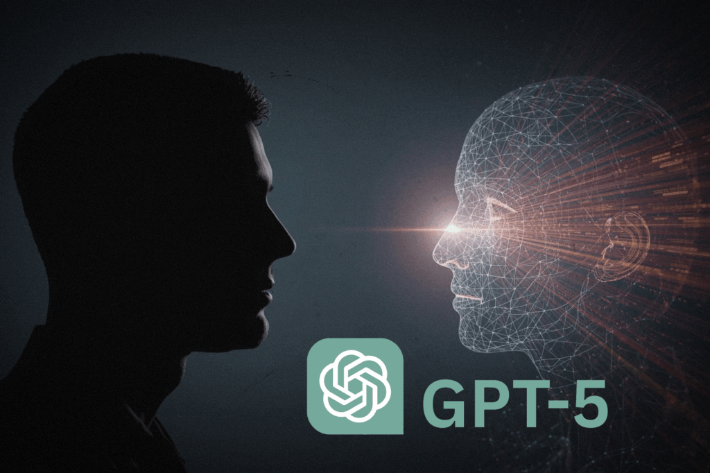 A human silhouette faces a glowing AI figure made of light and data, exchanging energy to symbolize human–AI collaboration.